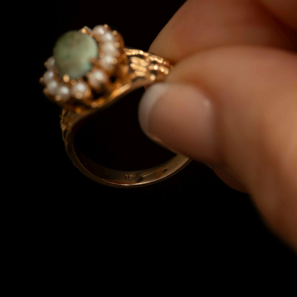 Thumbnail: Vintage 10k Gold Ring with Green Cabochon & Seed Pearls · Size 6.25