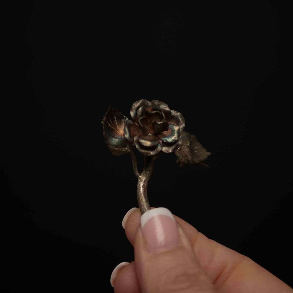 Thumbnail: Sterling Silver Rose Brooch with Dark Patina - Stamped Taxco Mexico 925