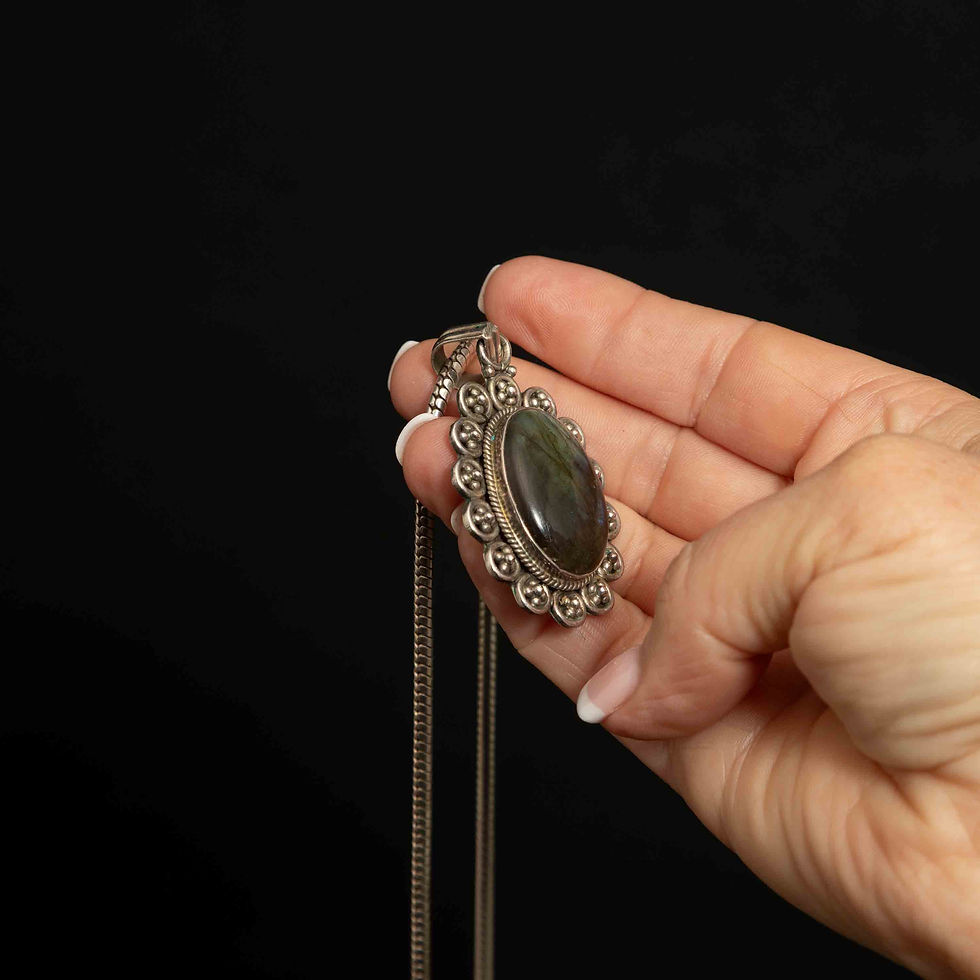 Thumbnail: Large Oval Labradorite Pendant with Scalloped Floral Design in Sterling Silver