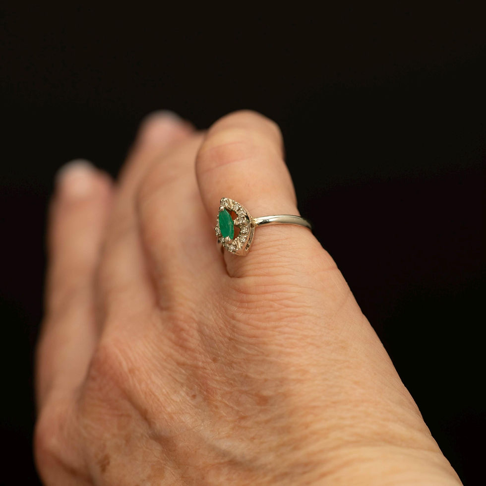 Thumbnail: Vintage 14k White Gold Emerald & Diamond Ring · Marquise Halo · Size 6.25