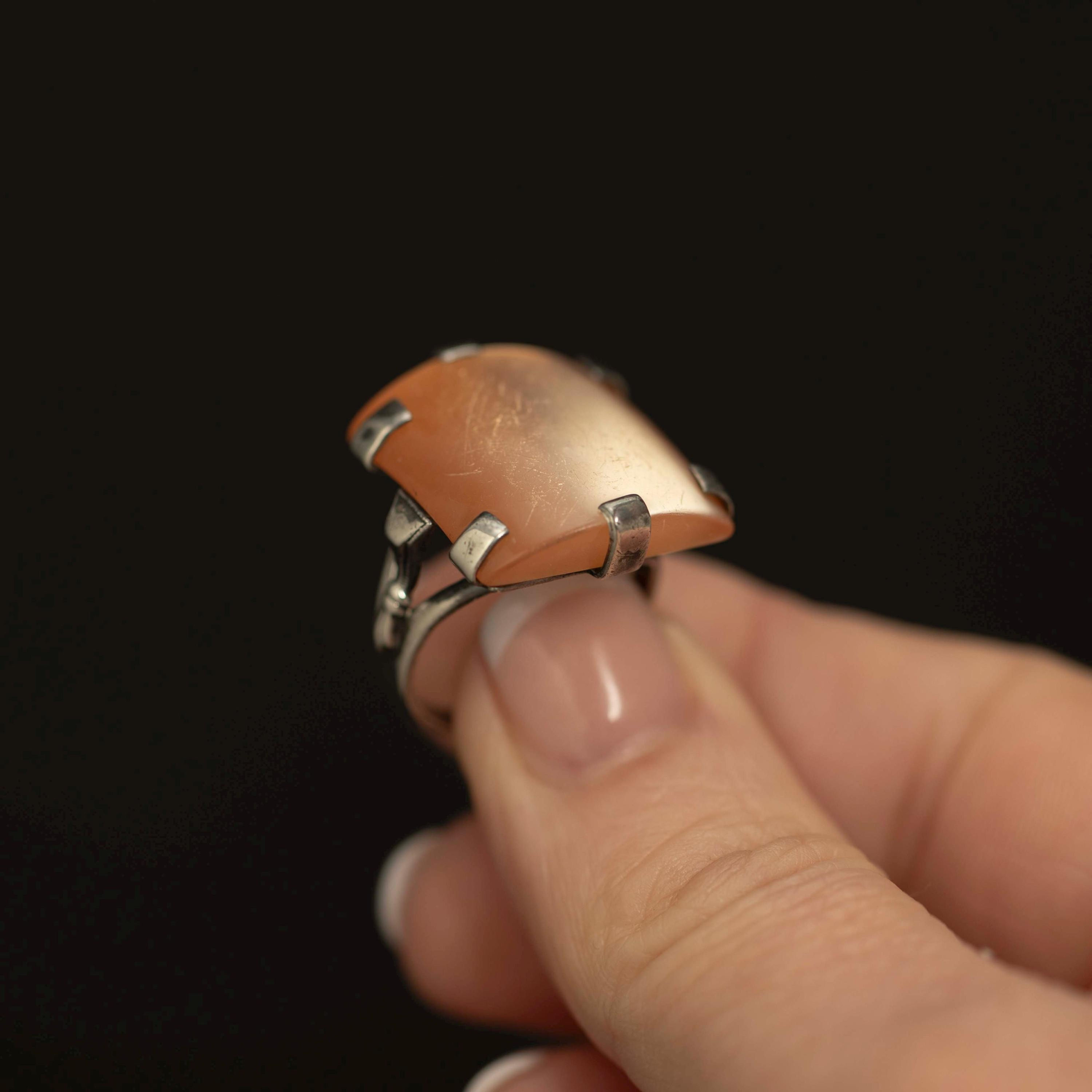 Vintage Resin Statement Ring · Sterling Silver Claw Set · Mid Century Moder