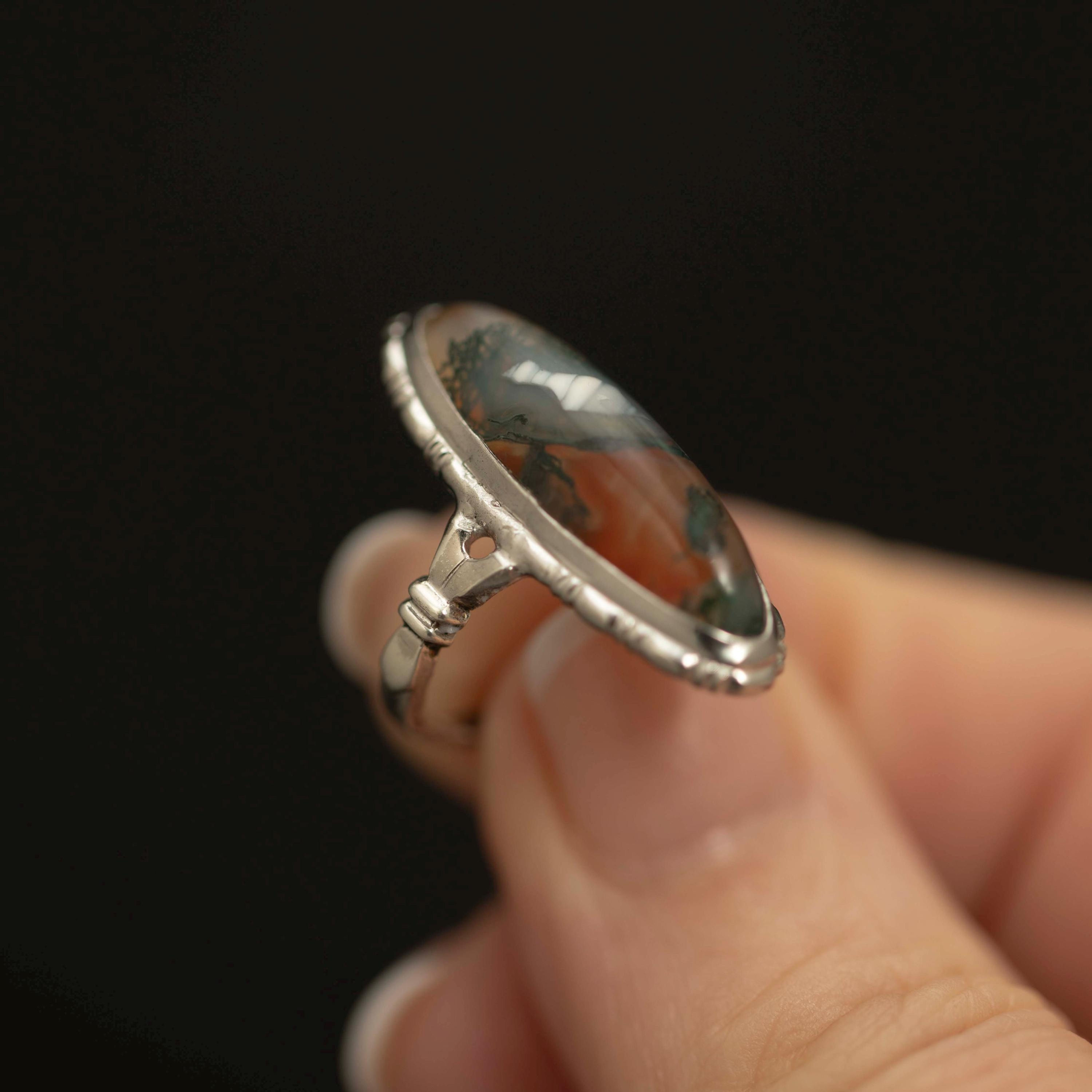 Scottish Moss Agate Ring · Sterling Silver · Long Oval Statement · Vintage