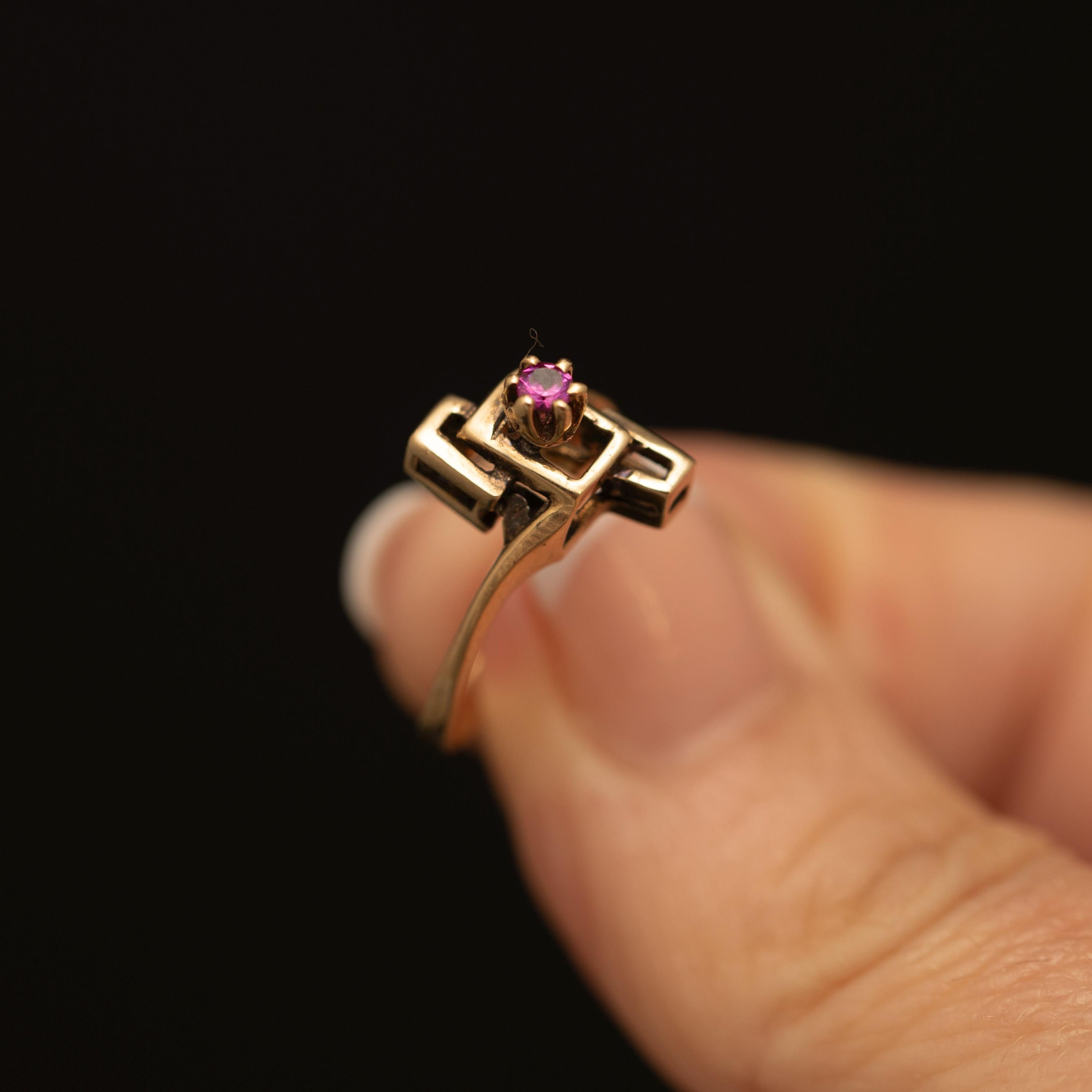 Vintage 10K Gold Ruby Ring · Geometric Openwork Design · Size 5.75