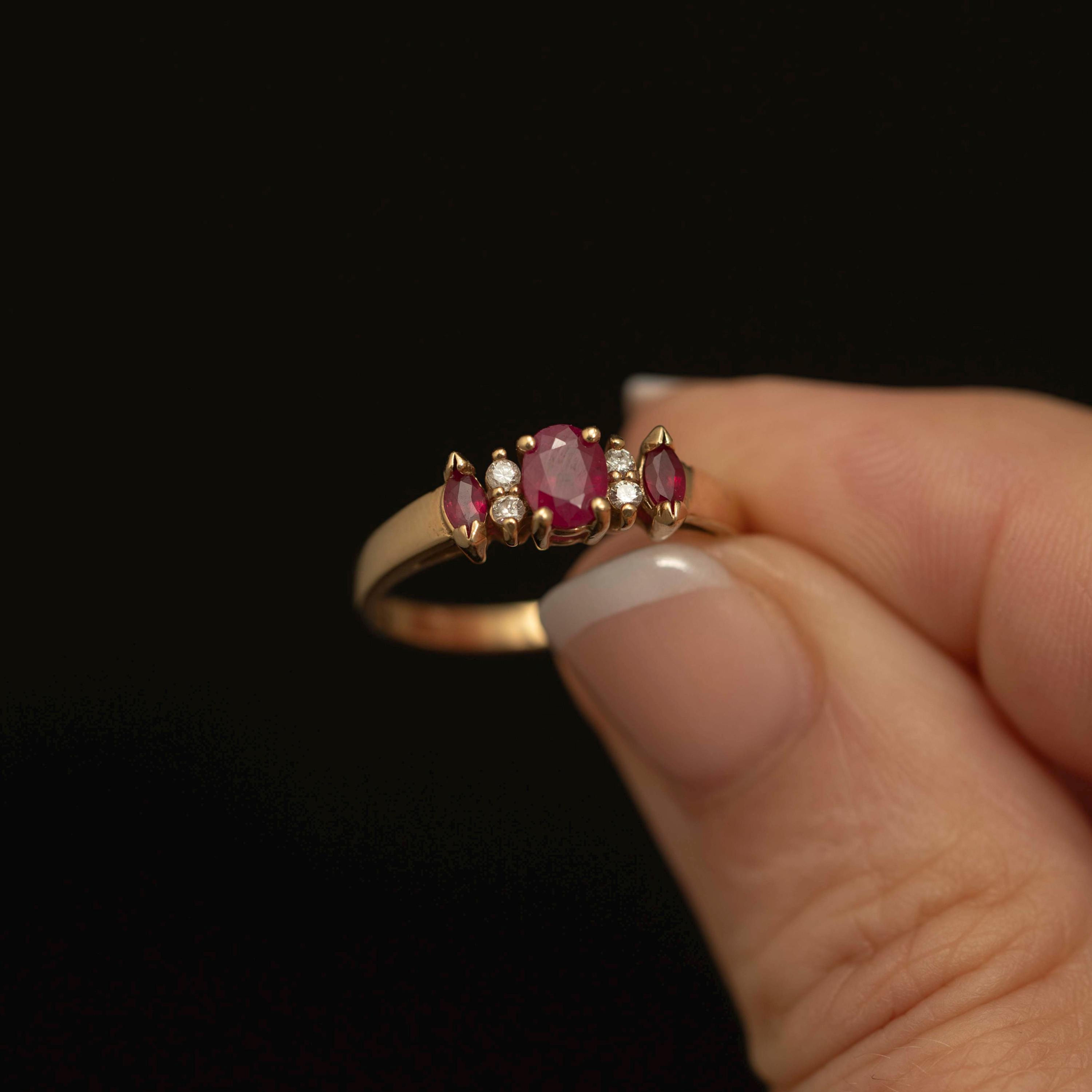 Vintage 14K Yellow Gold Ruby Diamond Ring · Three Stone Cluster Fine Jewelry