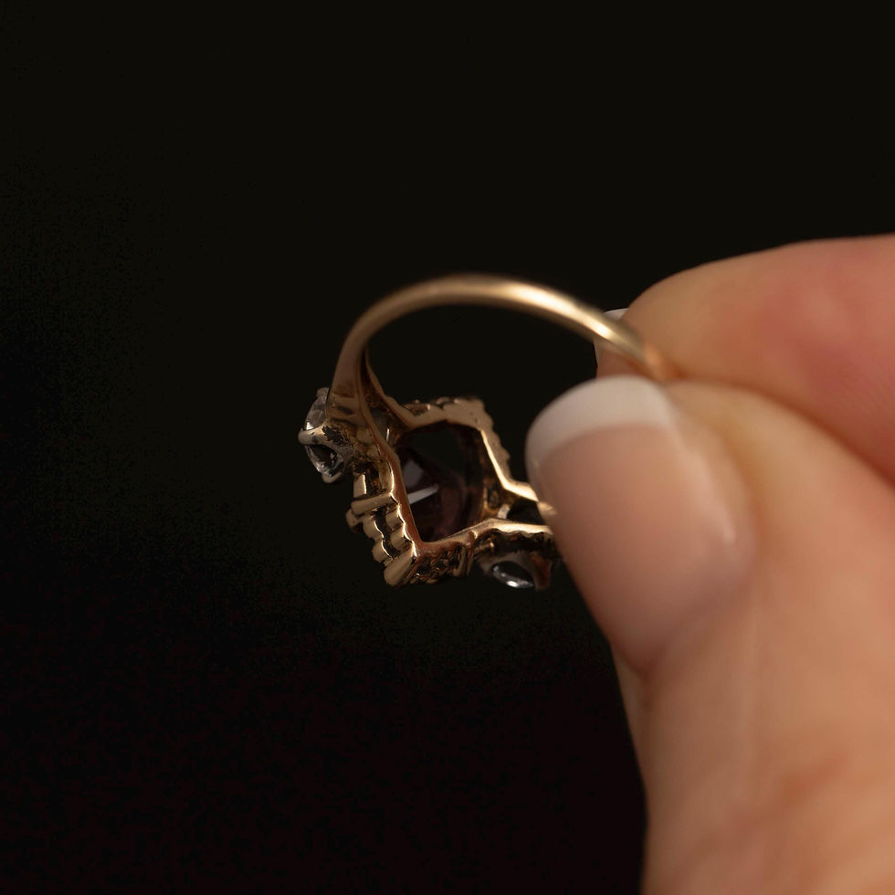Thumbnail: Vintage 10k Gold Three Stone Ring Pink & White Sapphire Accents Size 5.25