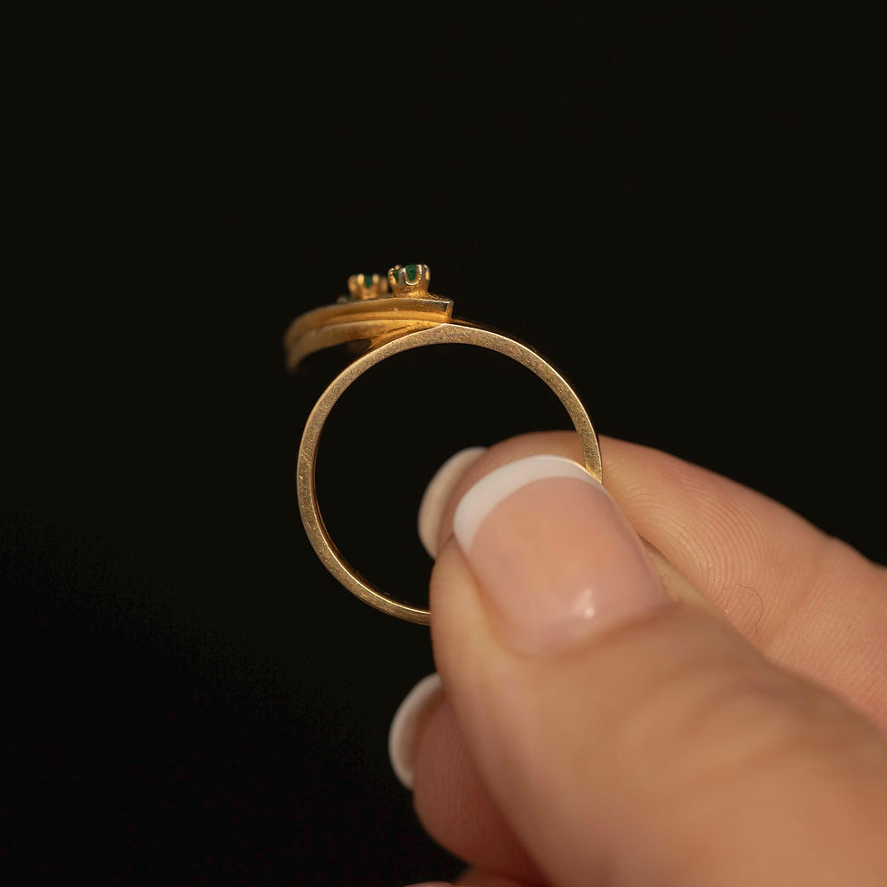 Thumbnail: Vintage 10K Gold Emerald Ring · Three Stone Modernist Bypass Ring · Size 6.35