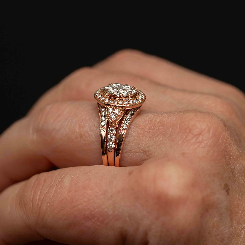 Thumbnail: Vintage 14k Rose Gold Diamond Bridal Set · 1.25 TCW Halo · Size 9.25