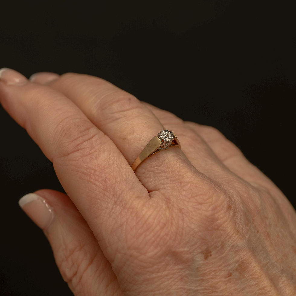 Thumbnail: Vintage 9k Gold Diamond Ring, Birmingham 1984, Two Tone Setting, Size 7.75, 1.4g