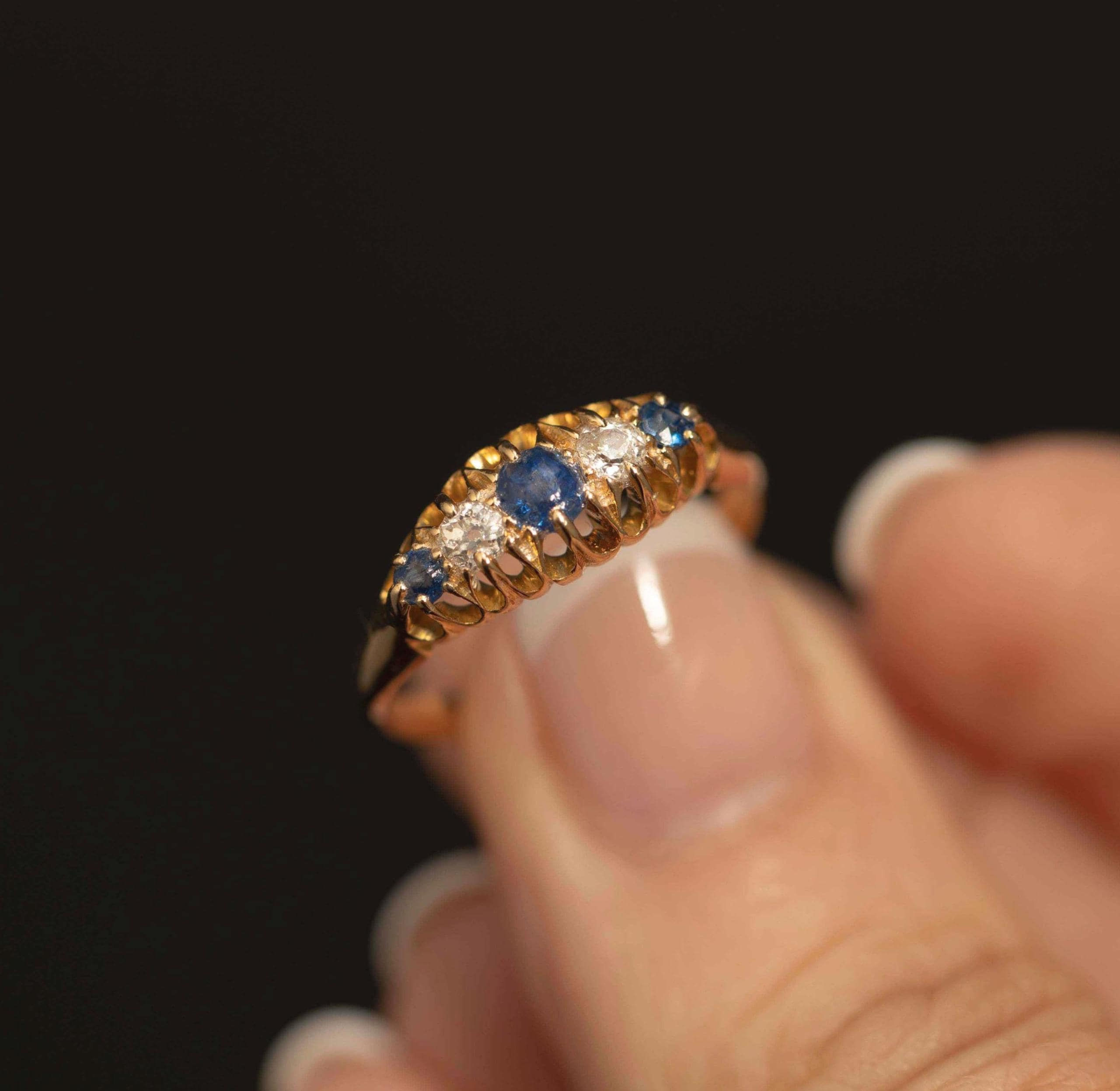 Antique 18k Gold Victorian Five-Stone Ring with Paste Sapphire and Diamond, S...