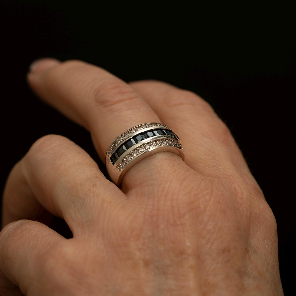 Thumbnail: Vintage Sterling Silver Black Alaskan Diamond & CZ Wide Statement Ring