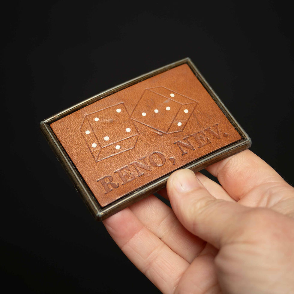 Thumbnail: Vintage Reno, Nev. Brass and Leather Belt Buckle