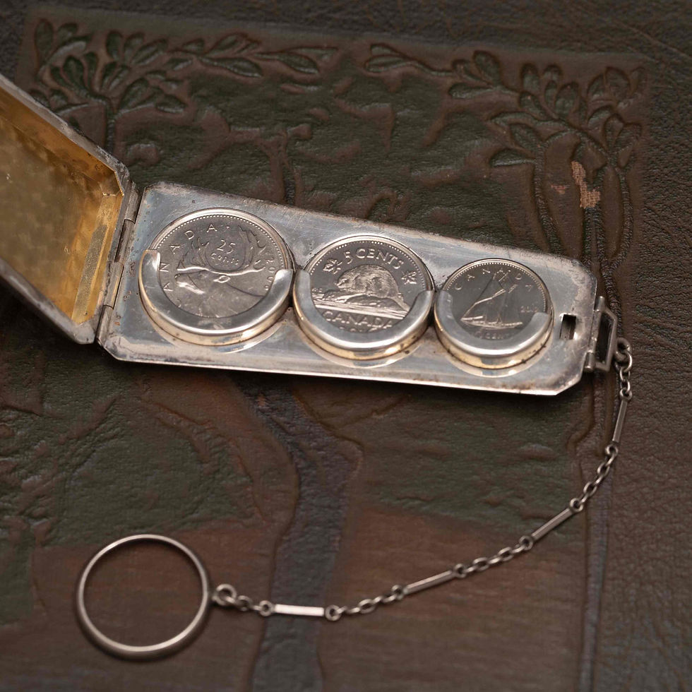 Thumbnail: Art Deco Sterling Silver Coin Purse: Antique 1920s Compact with Finger Ring
