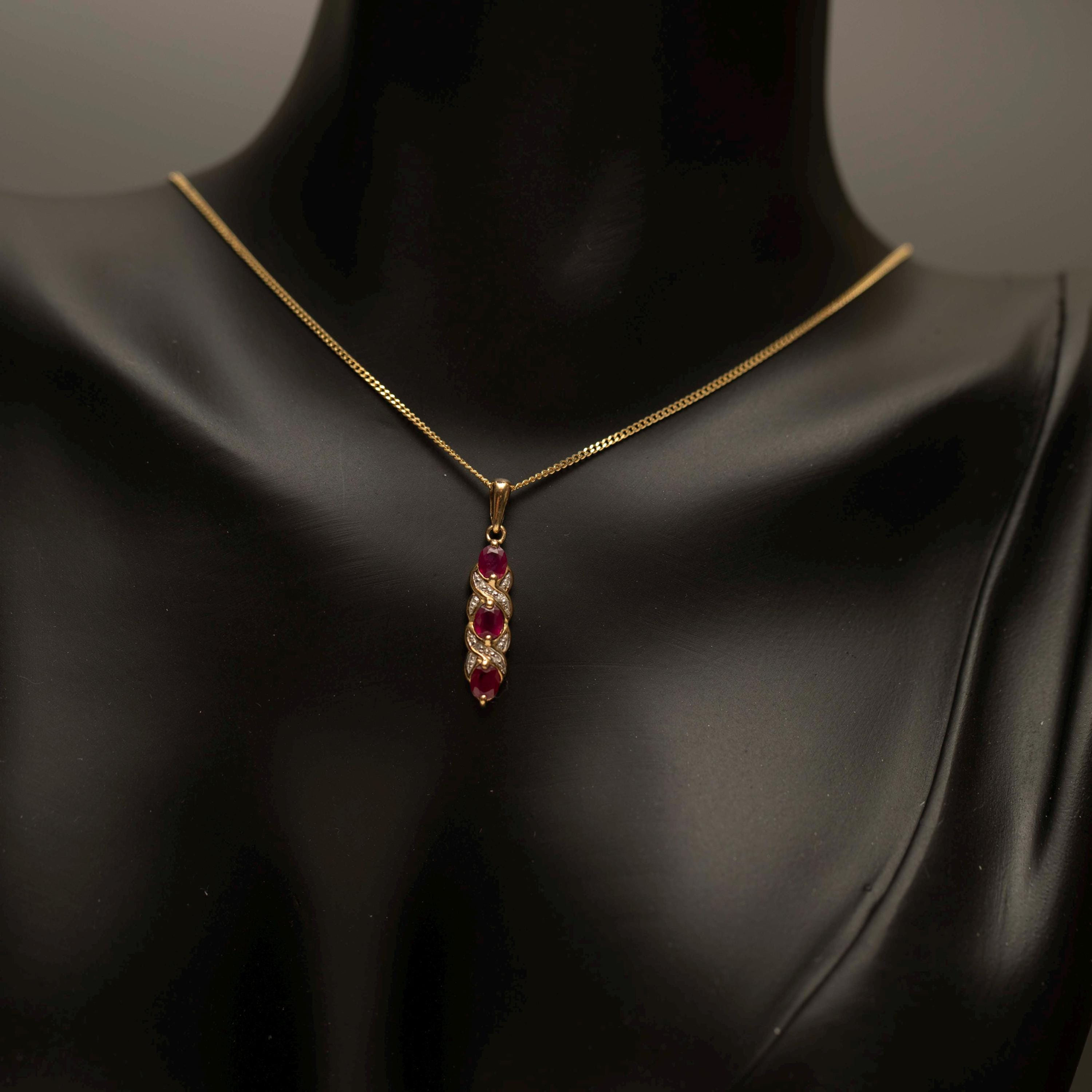 Vintage 9ct Gold Ruby & Diamond Pendant · Three Stone Ruby Drop