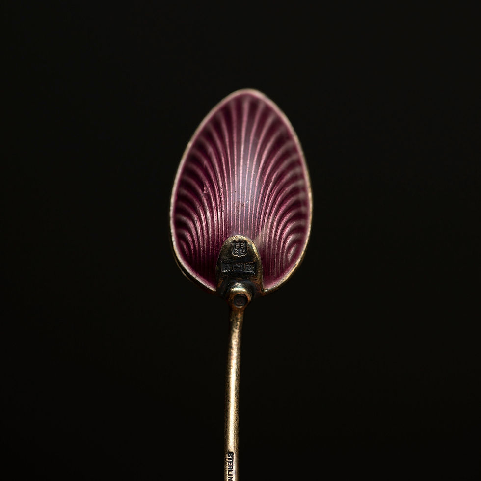 Thumbnail: Vintage Barker Bros. Sterling Silver Coffee Spoons: Guilloché Enamel Art Deco...