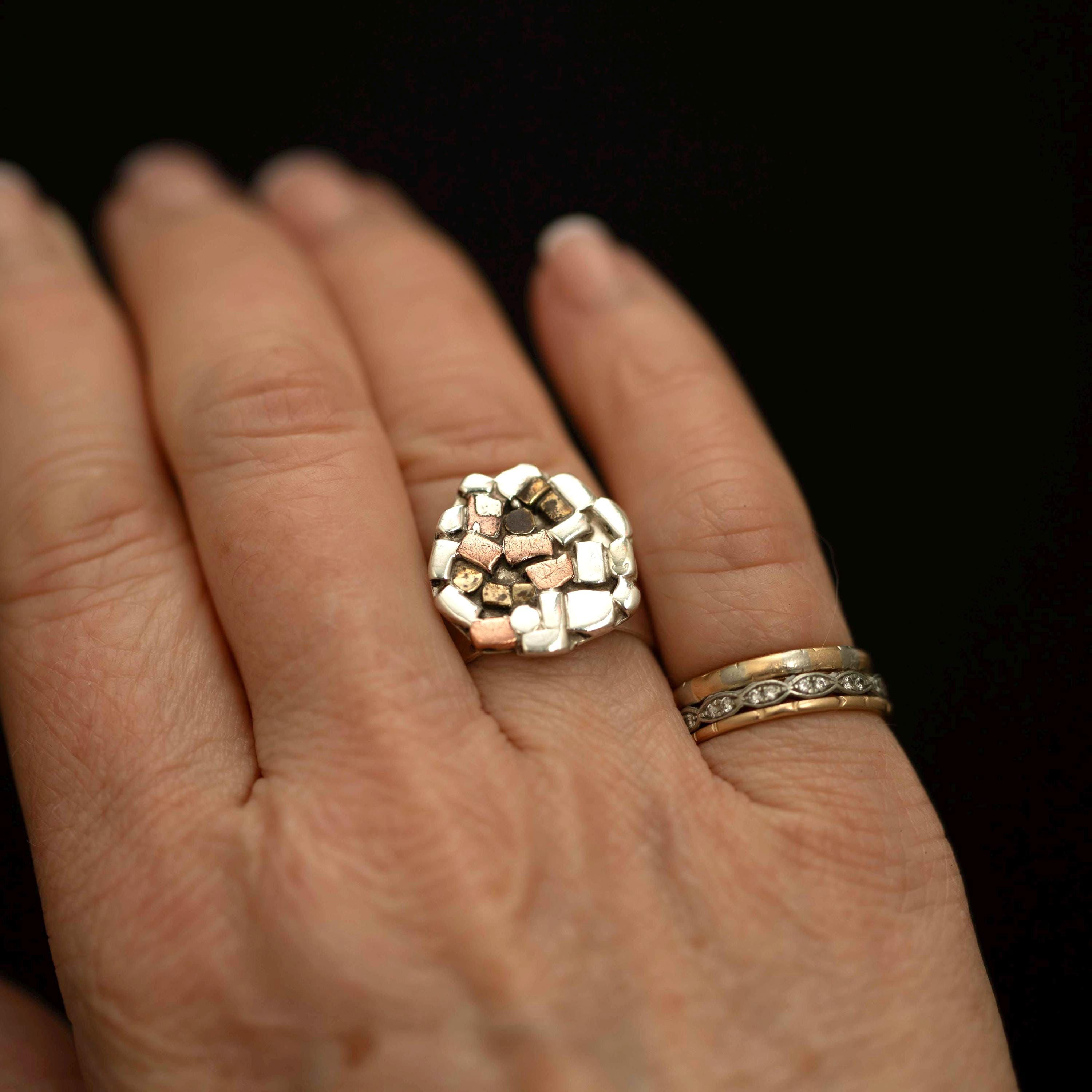Silver Mixed Metal Ring · Copper Bronze Mosaic Top · Modernist Artisan Band