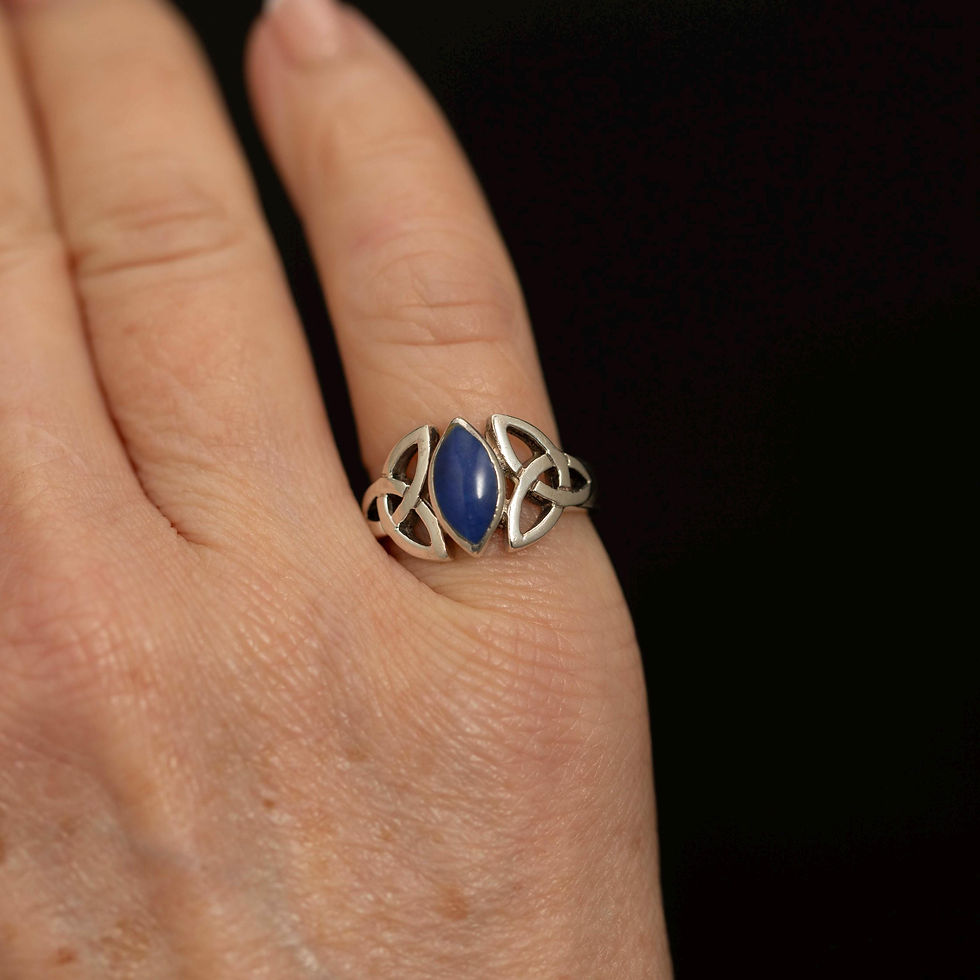 Thumbnail: Vintage Sterling Celtic Knot Band · Blue Marquise Cabochon · Revival Statement