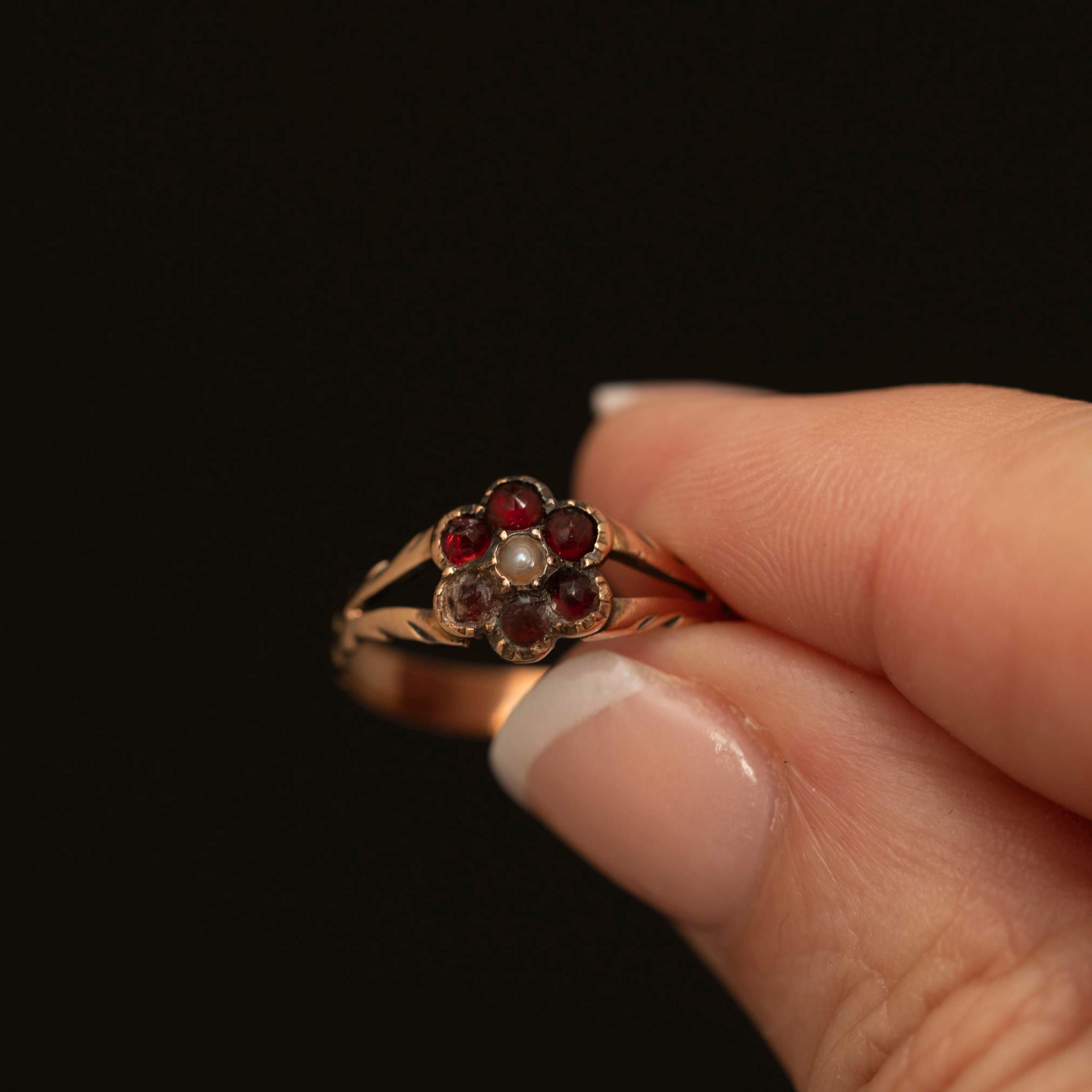Antique Garnet & Seed Pearl Flower Ring · 10K Gold Victorian Cluster Ring
