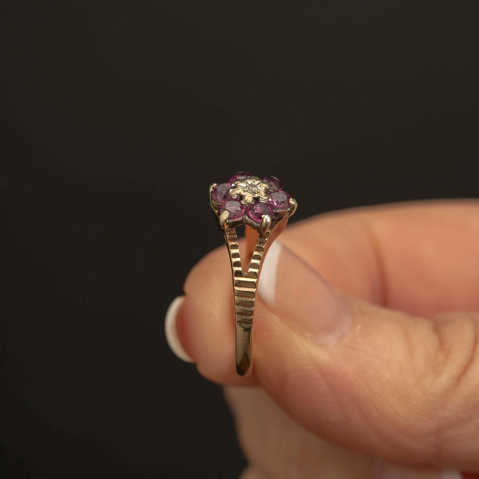 Thumbnail: Vintage 9ct Gold Ruby Cluster Ring · Floral Halo Ring · Size 8.25