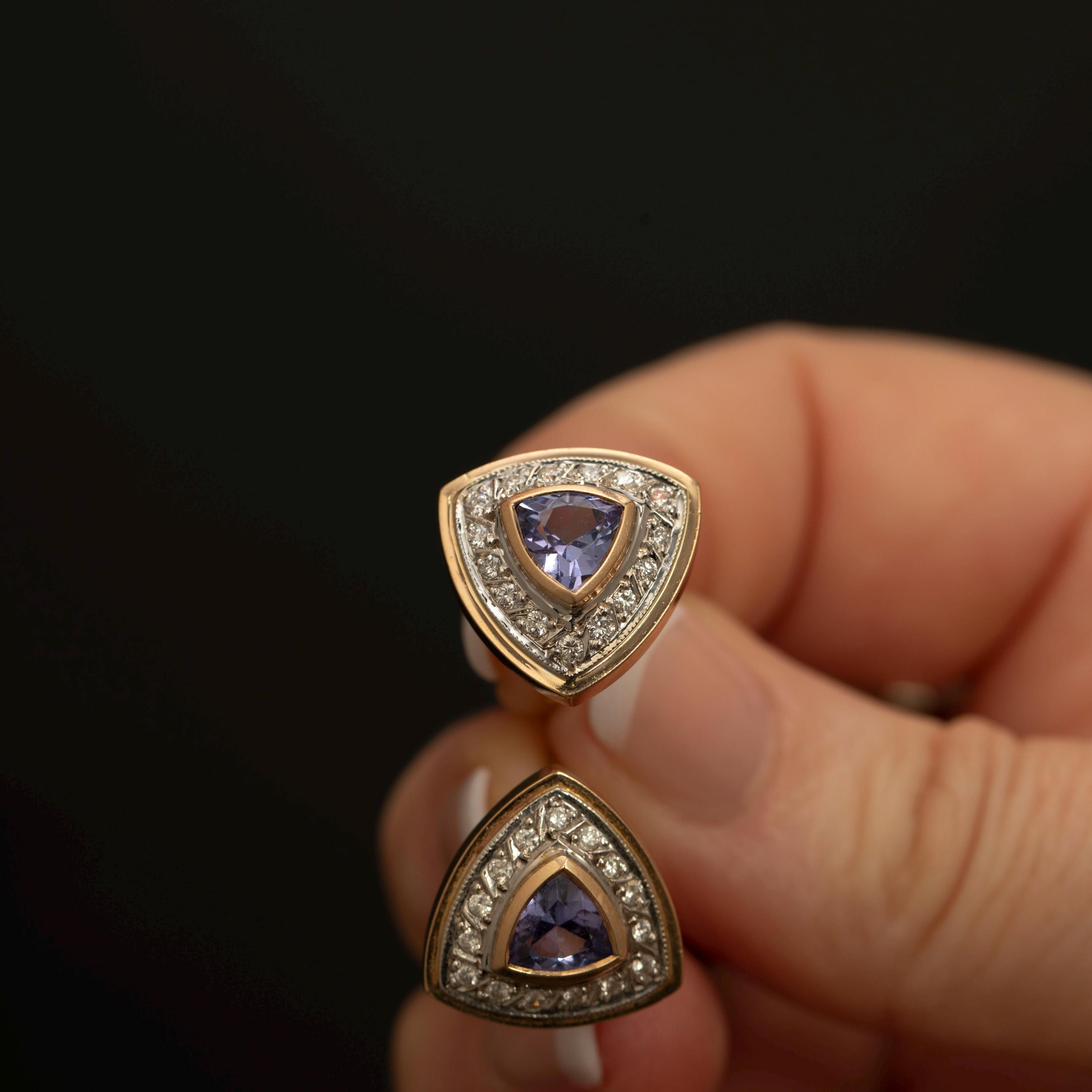 Fine 14k Gold Earrings with Trillion Cut Tanzanite and Diamond Halo, Includes...