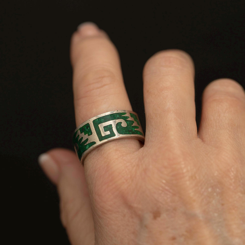 Thumbnail: Mexican Sterling Silver Chip Inlay Statement Ring, Aztec Motif