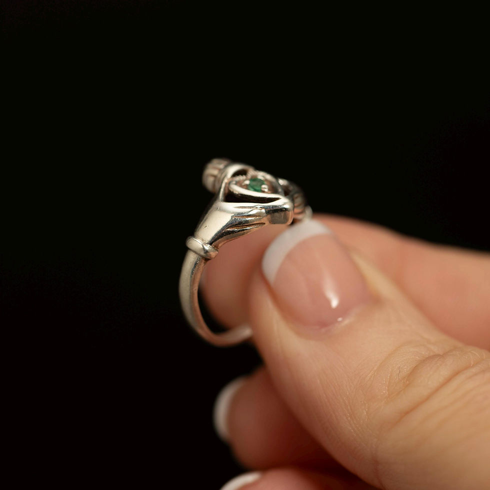 Thumbnail: Vintage Sterling Silver Emerald Heart Ring · Claddagh Style · Size 5.75