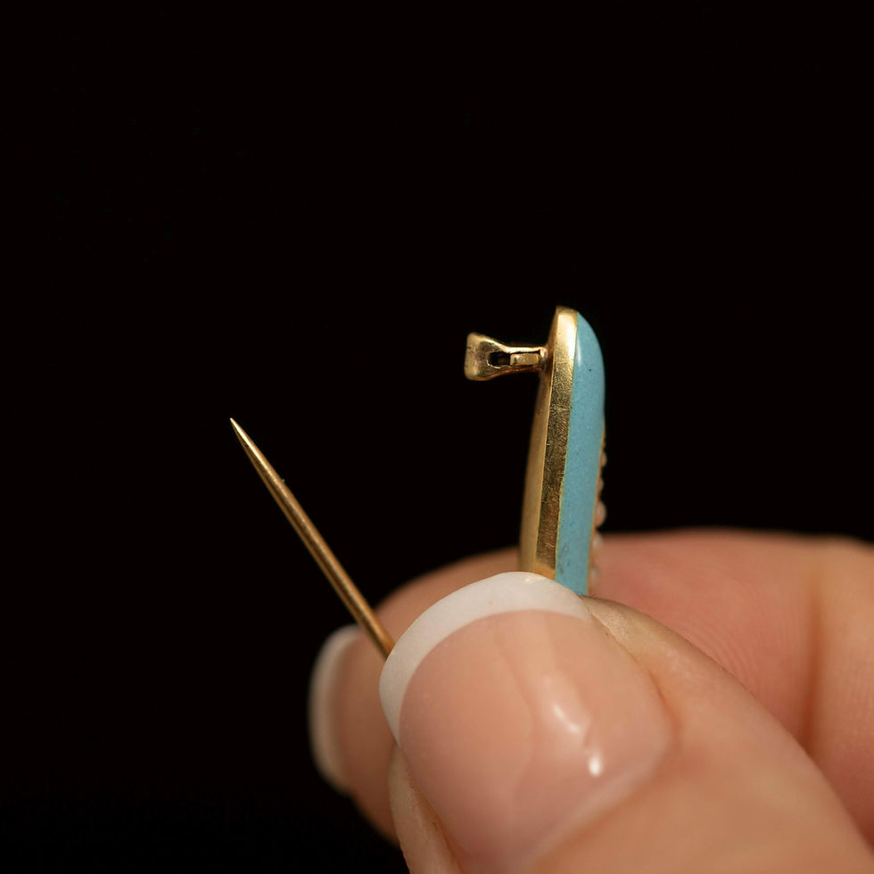 Thumbnail: Antique 14K Gold Enamel & Seed Pearl Brooch Pair · Edwardian Navette Pins