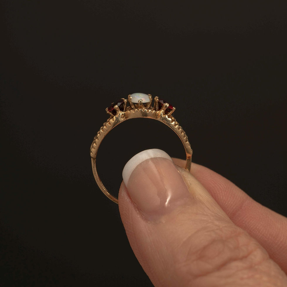 Thumbnail: Vintage 9k Gold Opal & Garnet Trilogy Ring, Size 8