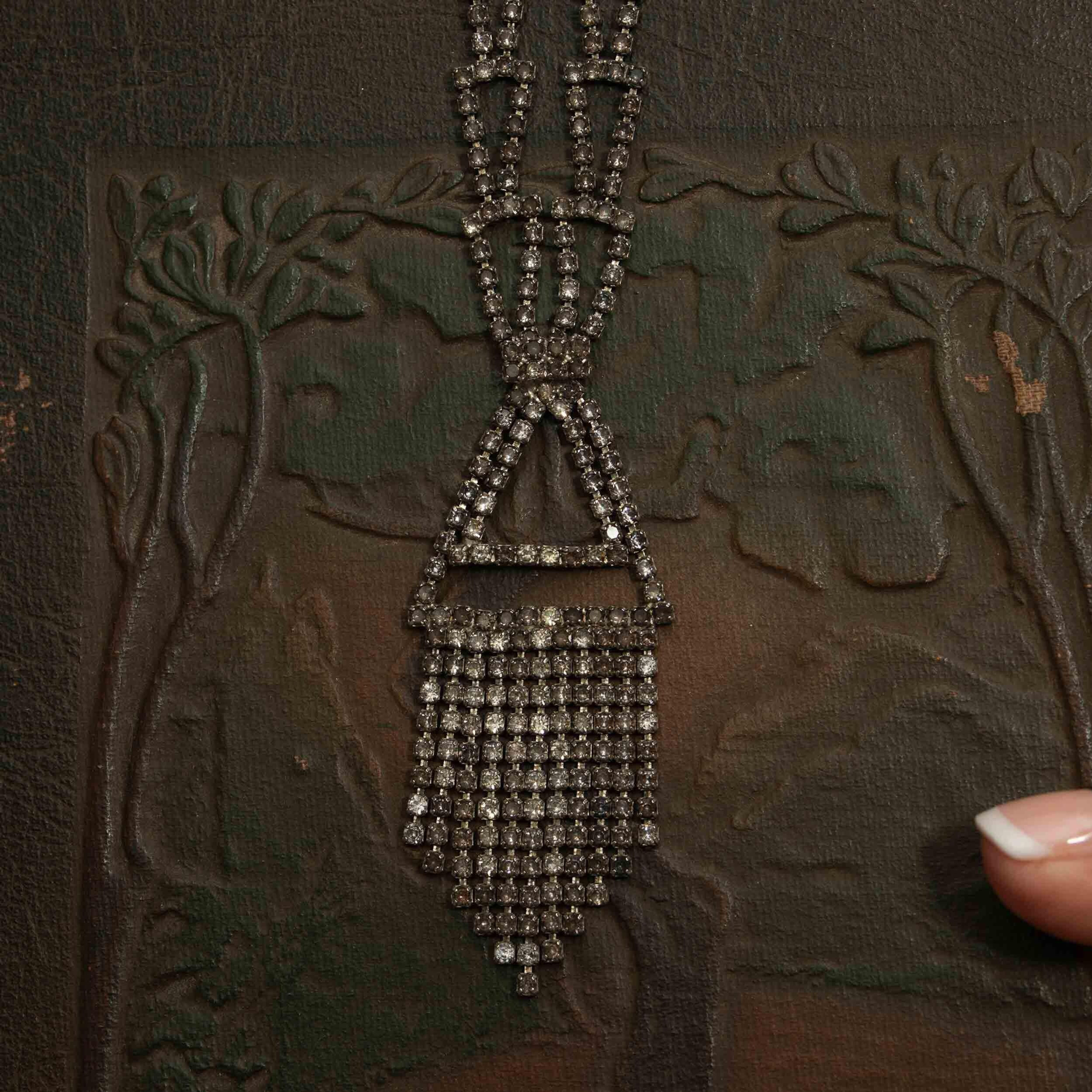 Art Deco Brown and Grey Rhinestone Fringe Necklace