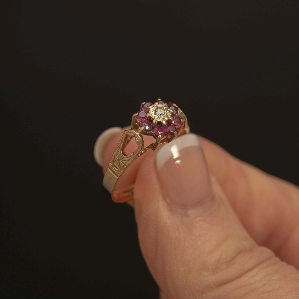 Thumbnail: Vintage Ruby Diamond Cluster Ring 9k Gold UK Hallmarked 1979