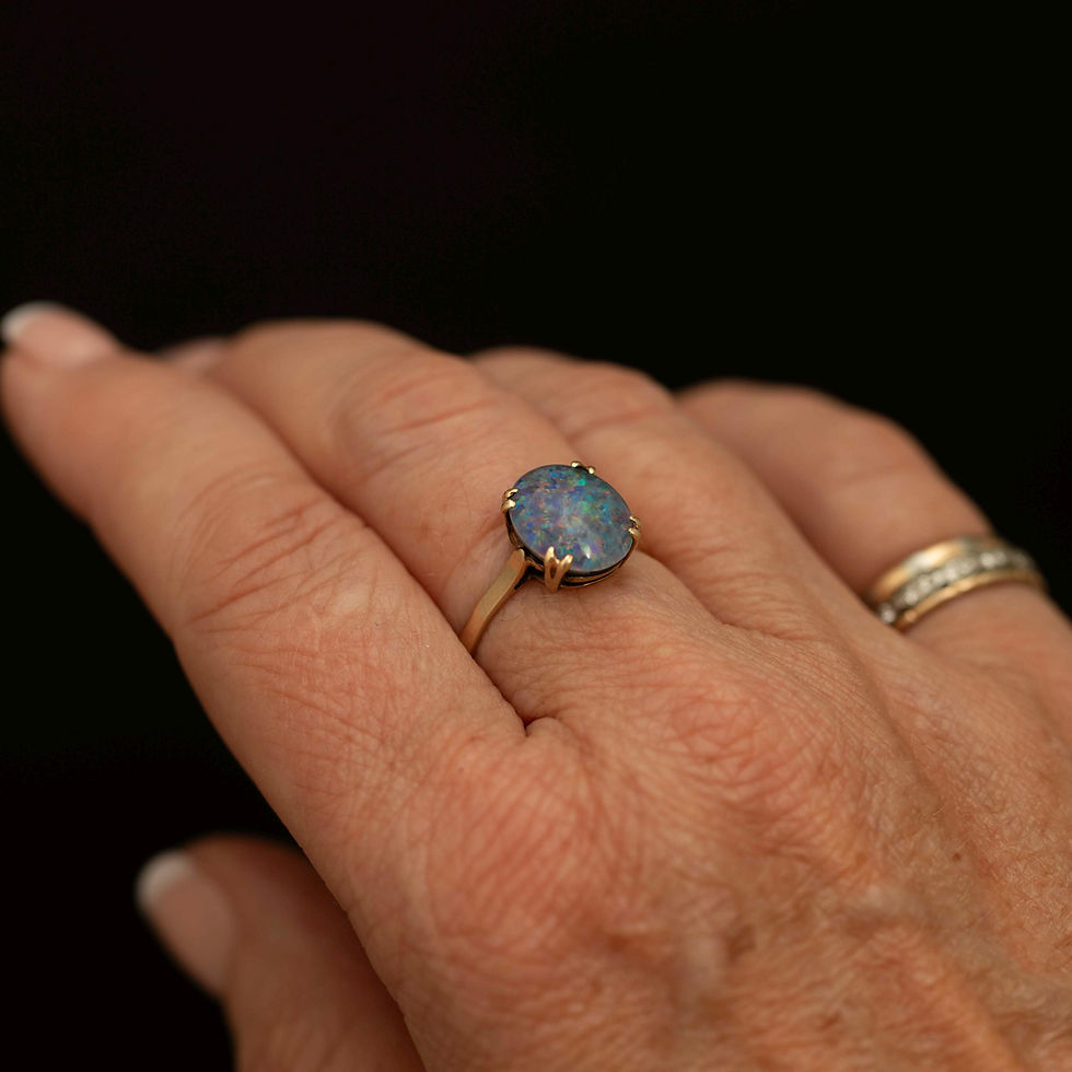Thumbnail: Vintage 9ct Gold Black Opal Doublet Ring · Oval Opal Solitaire · Size 7.5
