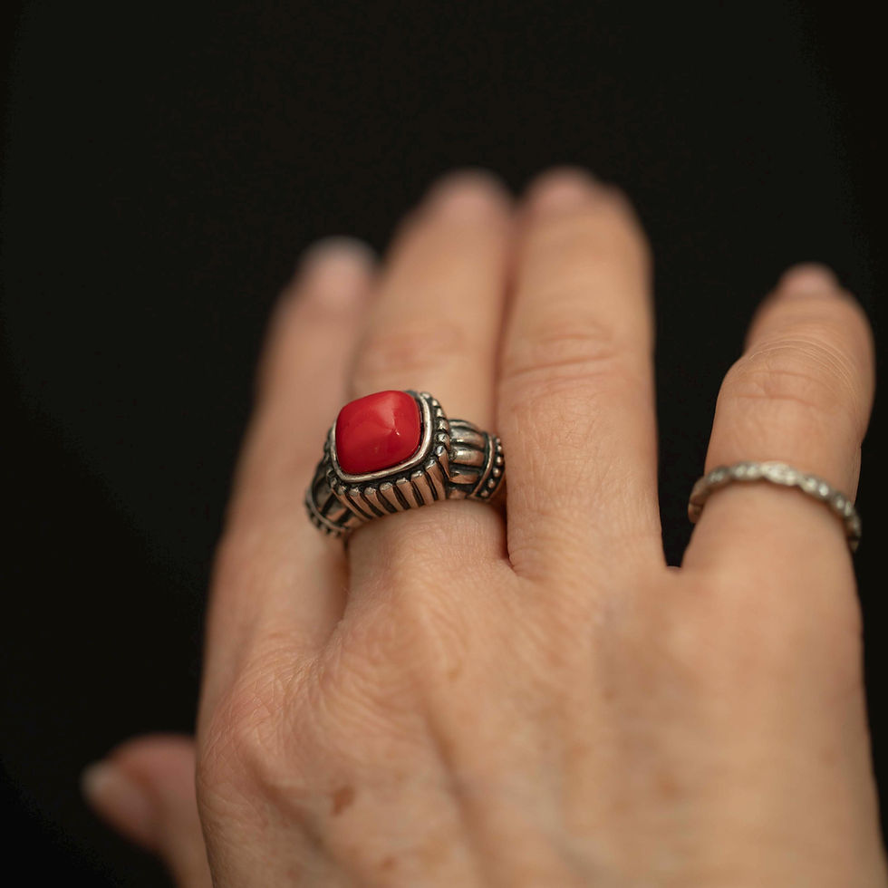 Thumbnail: Vintage Sterling Silver Red Coral Ring · Sculptural Statement · Ornate Setting