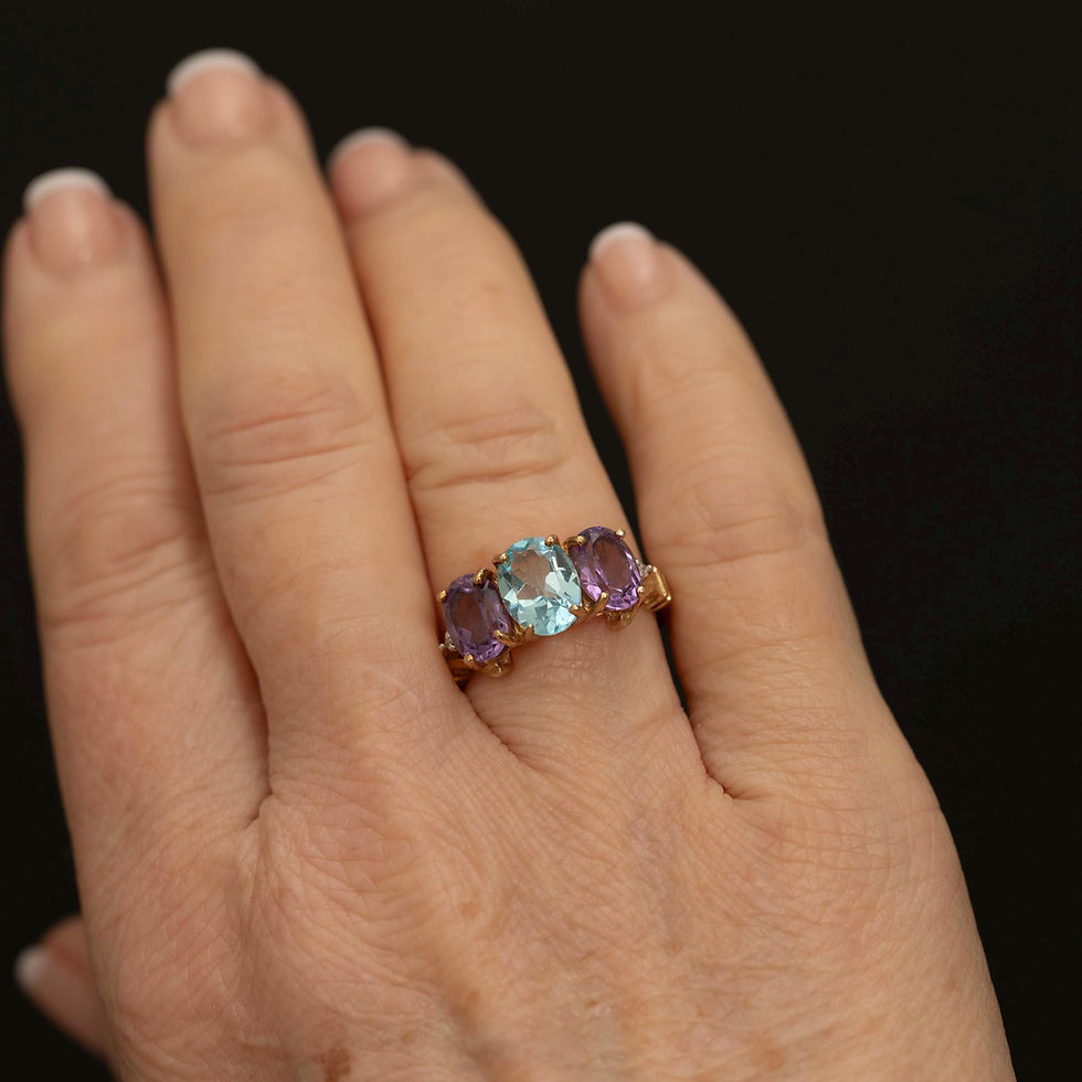 Thumbnail: Vintage 9ct Gold Blue Topaz & Amethyst Ring · Three Stone · Diamond Accents