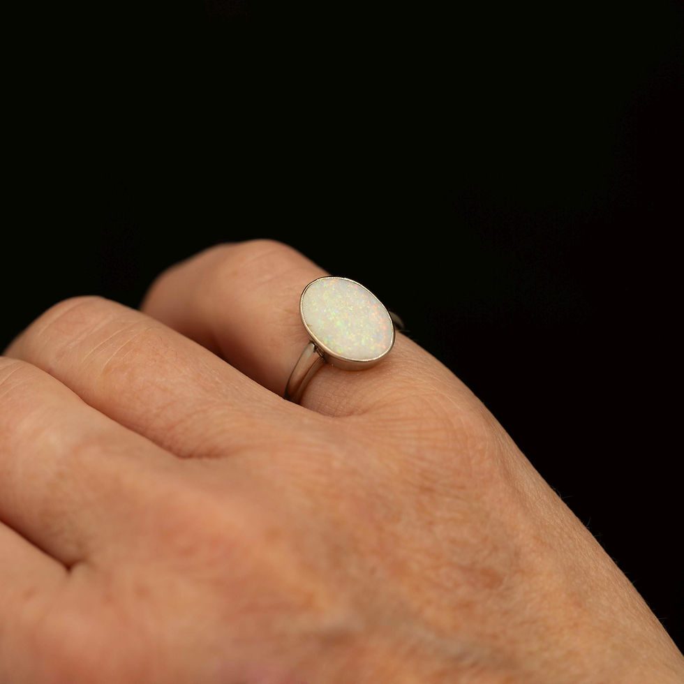 Thumbnail: Vintage 14K White Gold Opal Ring · Oval Bezel Set Opal Solitaire · Size 5