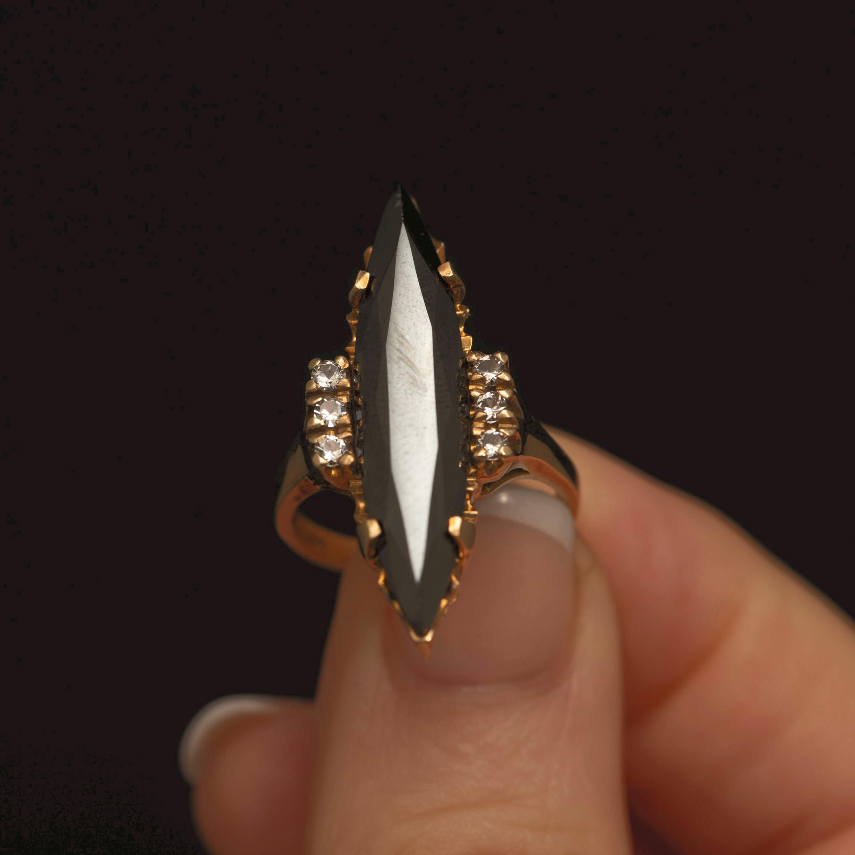 Vintage 10K Gold Ring with Black Alaskan Diamond & White Topaz Accents – Size...