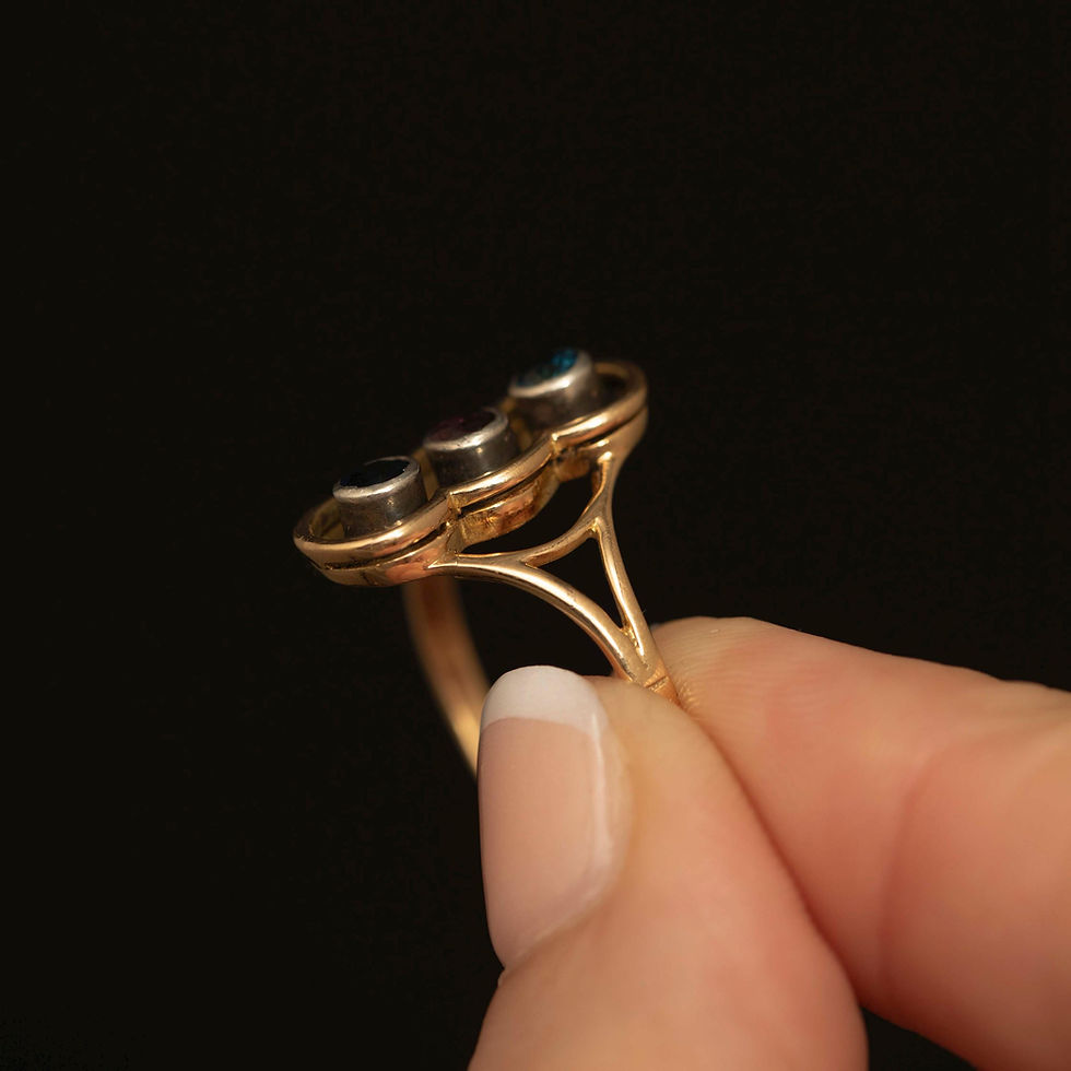 Thumbnail: Vintage 18K Gold Ruby & Sapphire Trilogy Ring · White Gold Bezel · Size 9.75