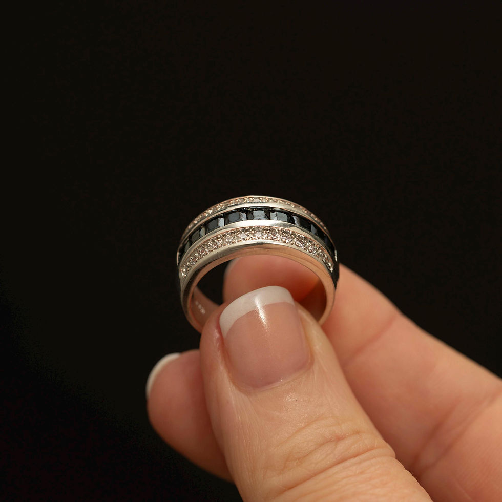 Thumbnail: Vintage Sterling Silver Black Alaskan Diamond & CZ Wide Statement Ring
