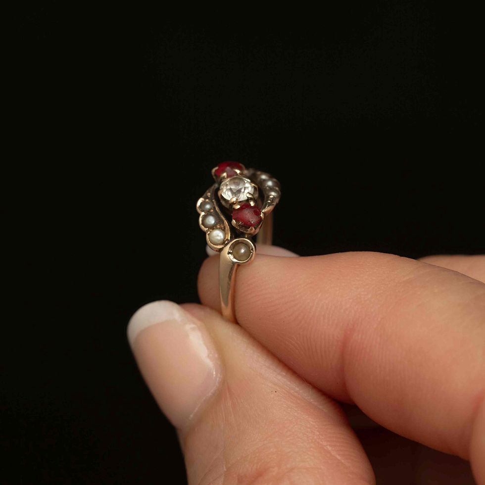 Thumbnail: Antique 10k Gold Ring · Seed Pearls, Red Glass & White Topaz · Size 4.75