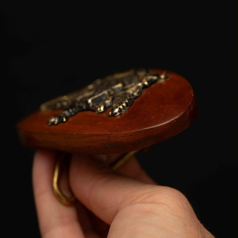 Thumbnail: Vintage S. Sper Bijou Wooden Belt Buckle with Gargoyle Coat of Arms Crest