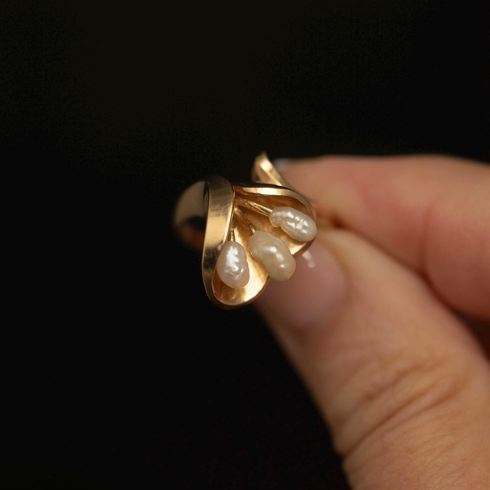 Thumbnail: Vintage 10K Gold Baroque Freshwater Pearl Ring, Modernist Bypass, Size 6.75