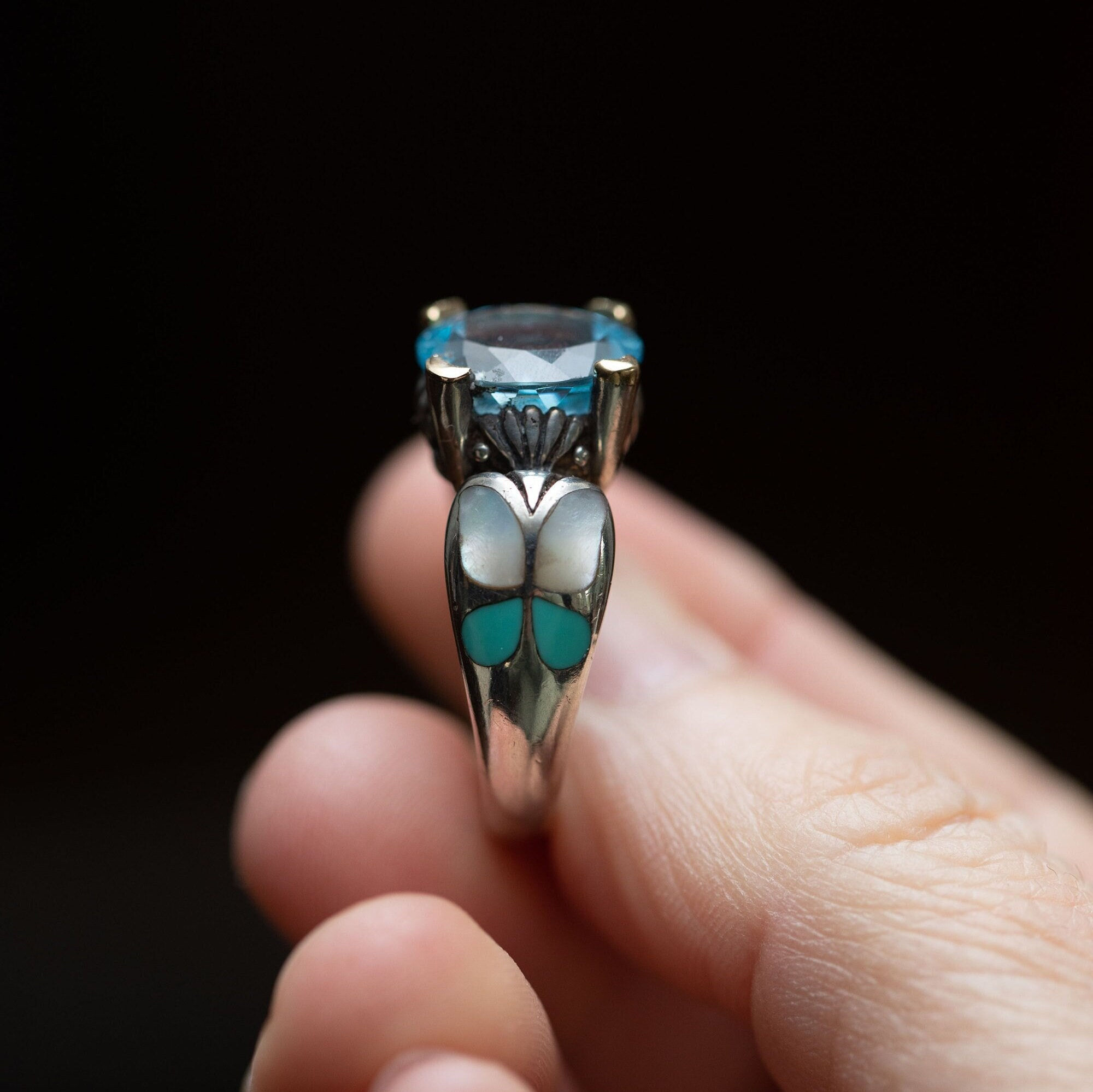 Blue Topaz Sterling Silver Ring: 18k Gold Accent, Mother of Pearl Butterfly