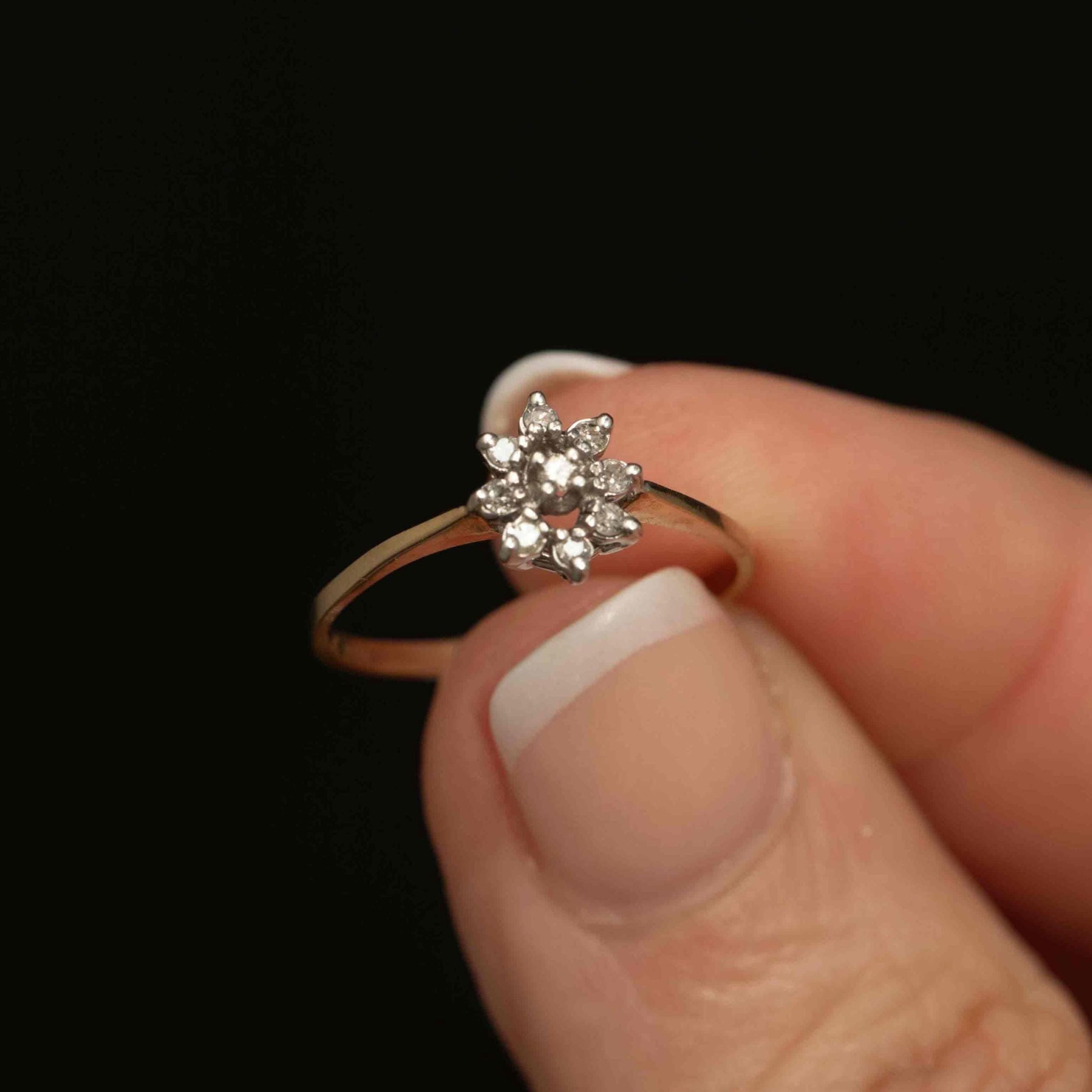 Vintage 10k Gold Diamond Cluster Ring – Delicate Oval Floral Style, Size 6.25