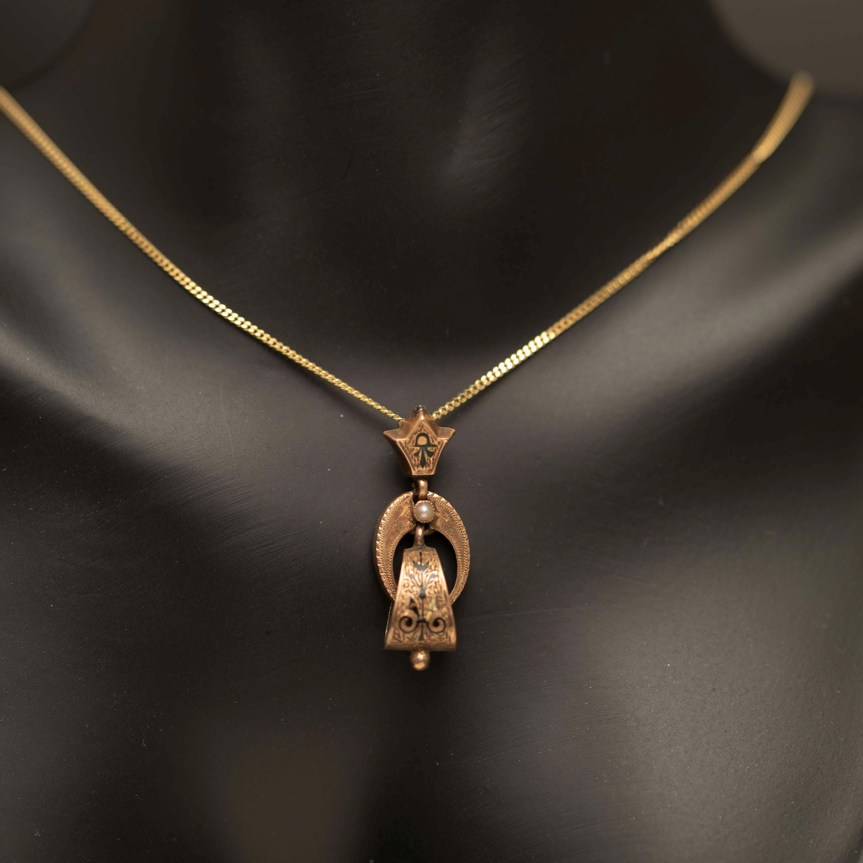 Antique 9ct Gold Black Enamel & Pearl Pendant · Edwardian Articulated Drop