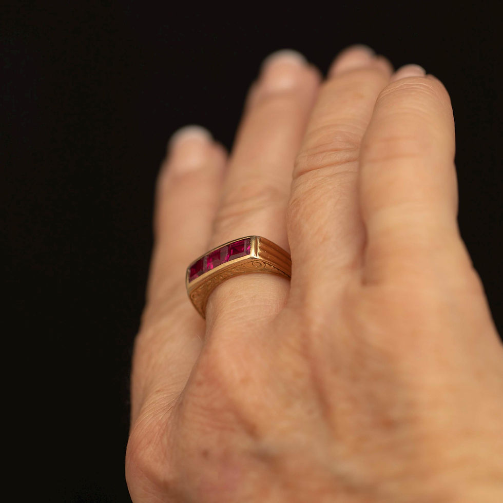Thumbnail: Vintage 18K Gold Ruby Ring · Three Square-Cut Rubies · Engraved Shoulders