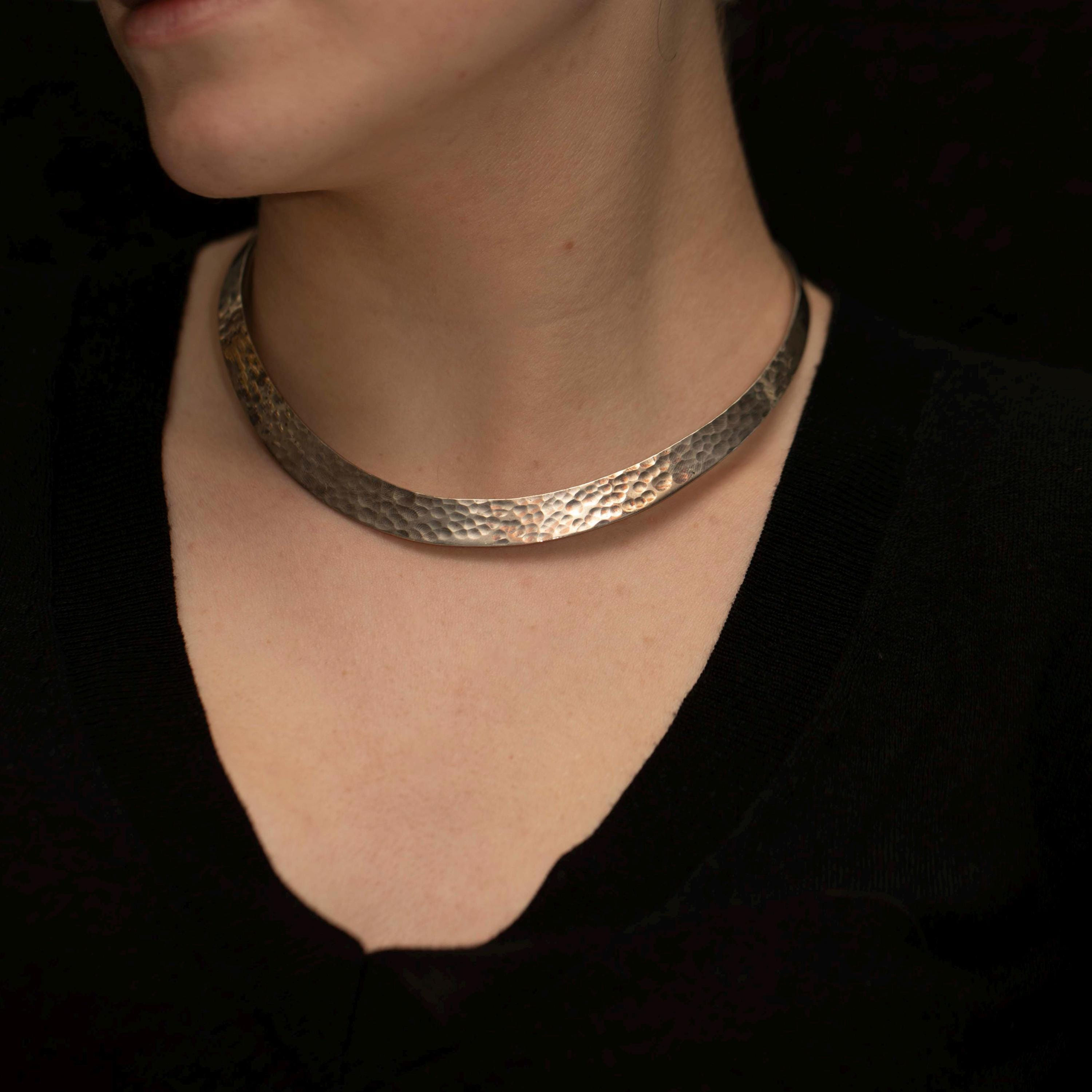 Vintage Taxco Sterling Silver Collar Necklace · Hammered Mexican Modernist Ch...