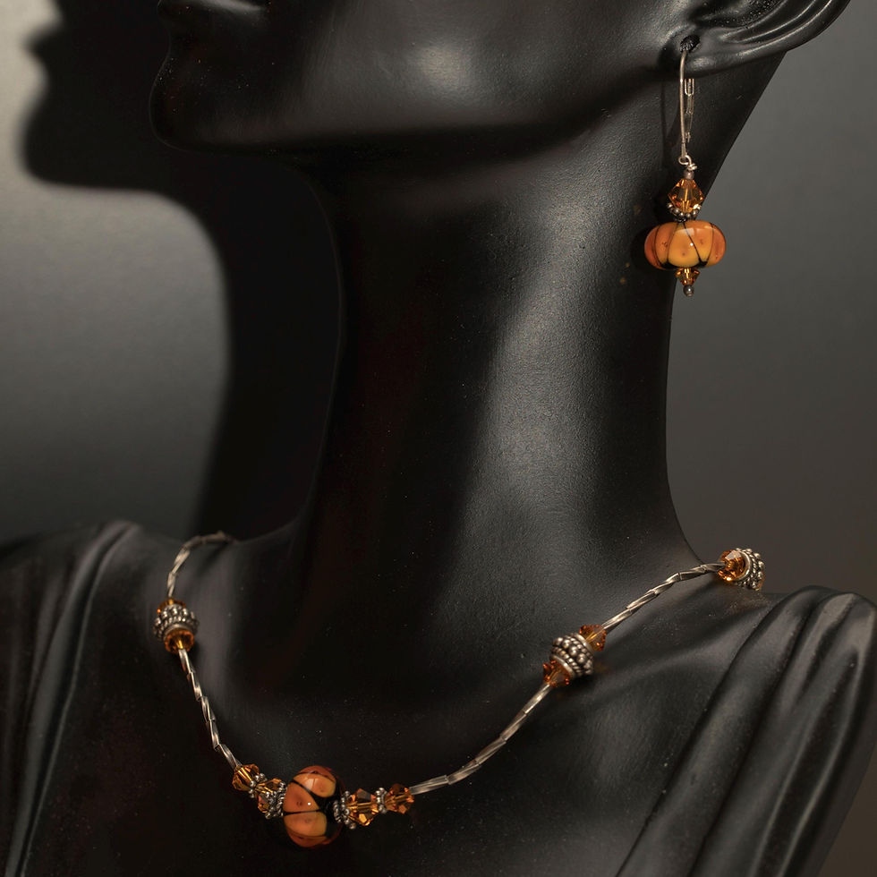 Thumbnail: 18" Orange Glass Bead Necklace with Silver Twisted Segments and Toggle Clasp