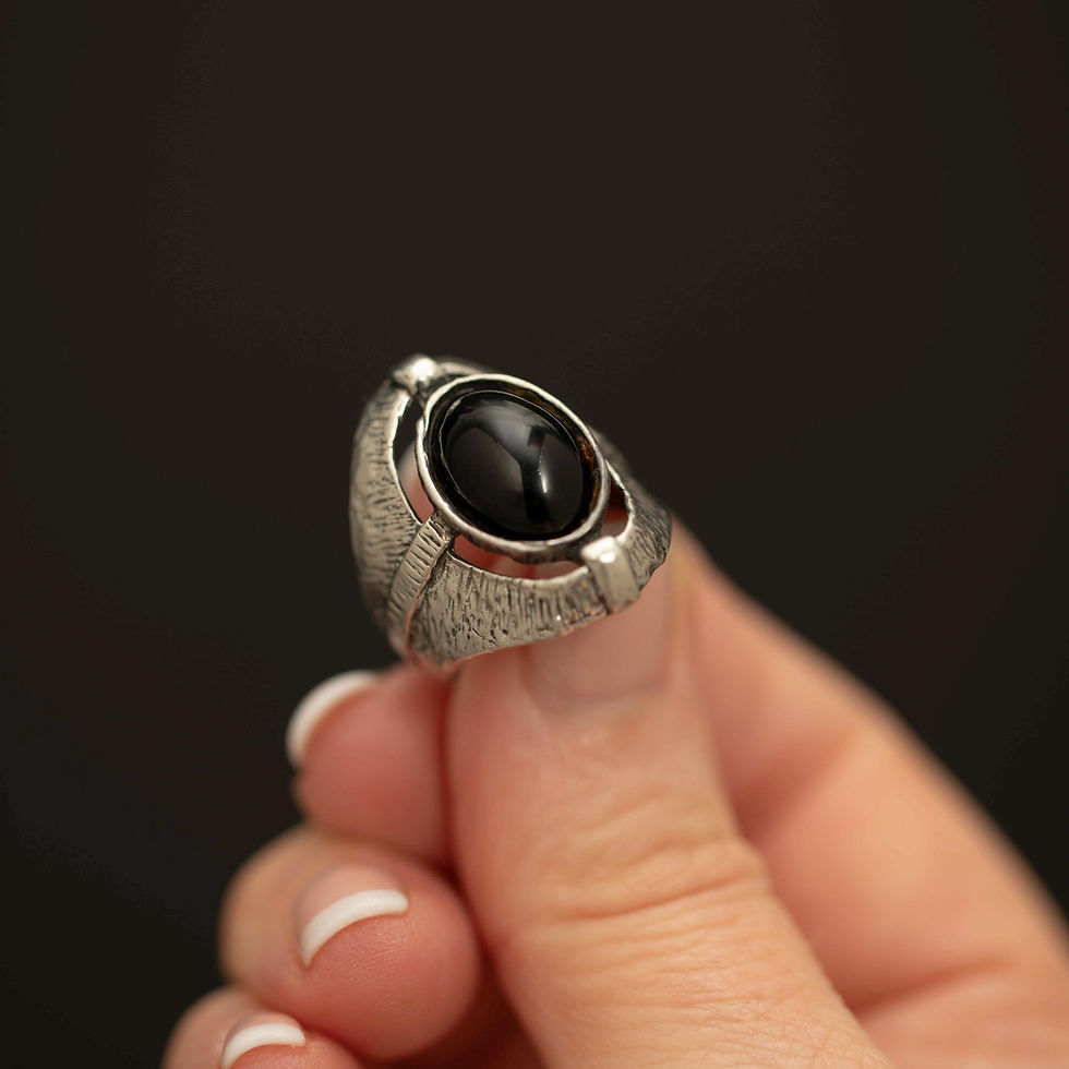 Thumbnail: Vintage Black Onyx Sterling Silver Ring · Sculptural Modernist Statement Ring