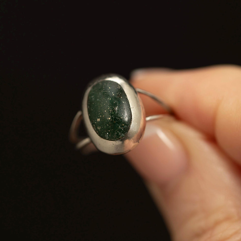 Thumbnail: Vintage Green Stone Ring · Sterling Silver Split Shank · Modernist Cabochon