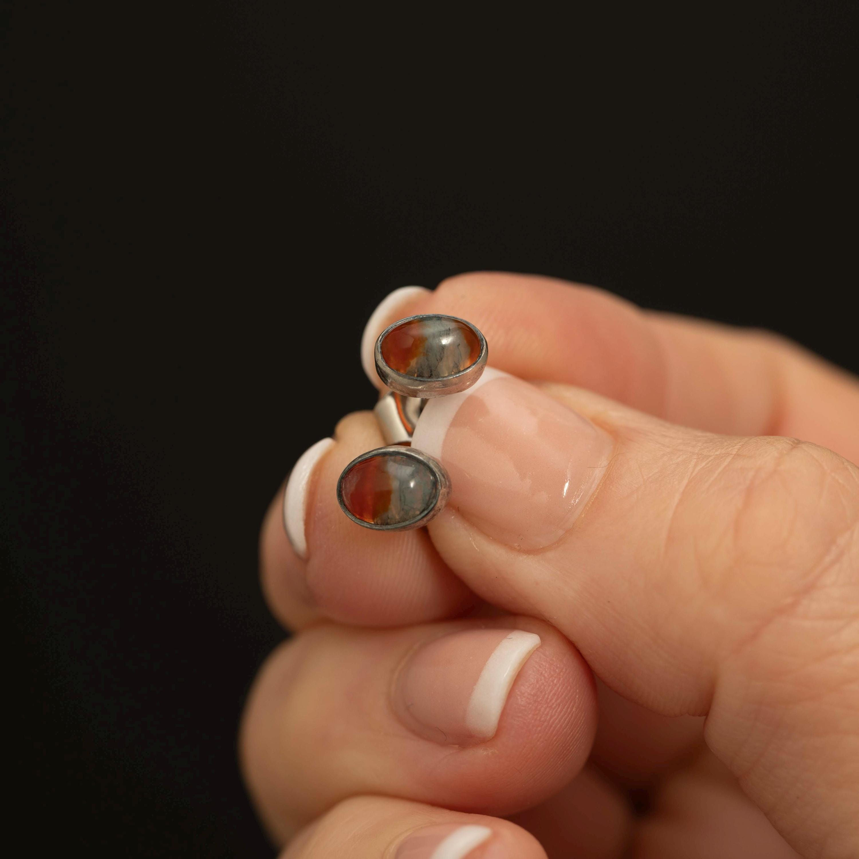 Vintage Sterling Silver Banded Agate Stud Earrings · Oval Cabochons