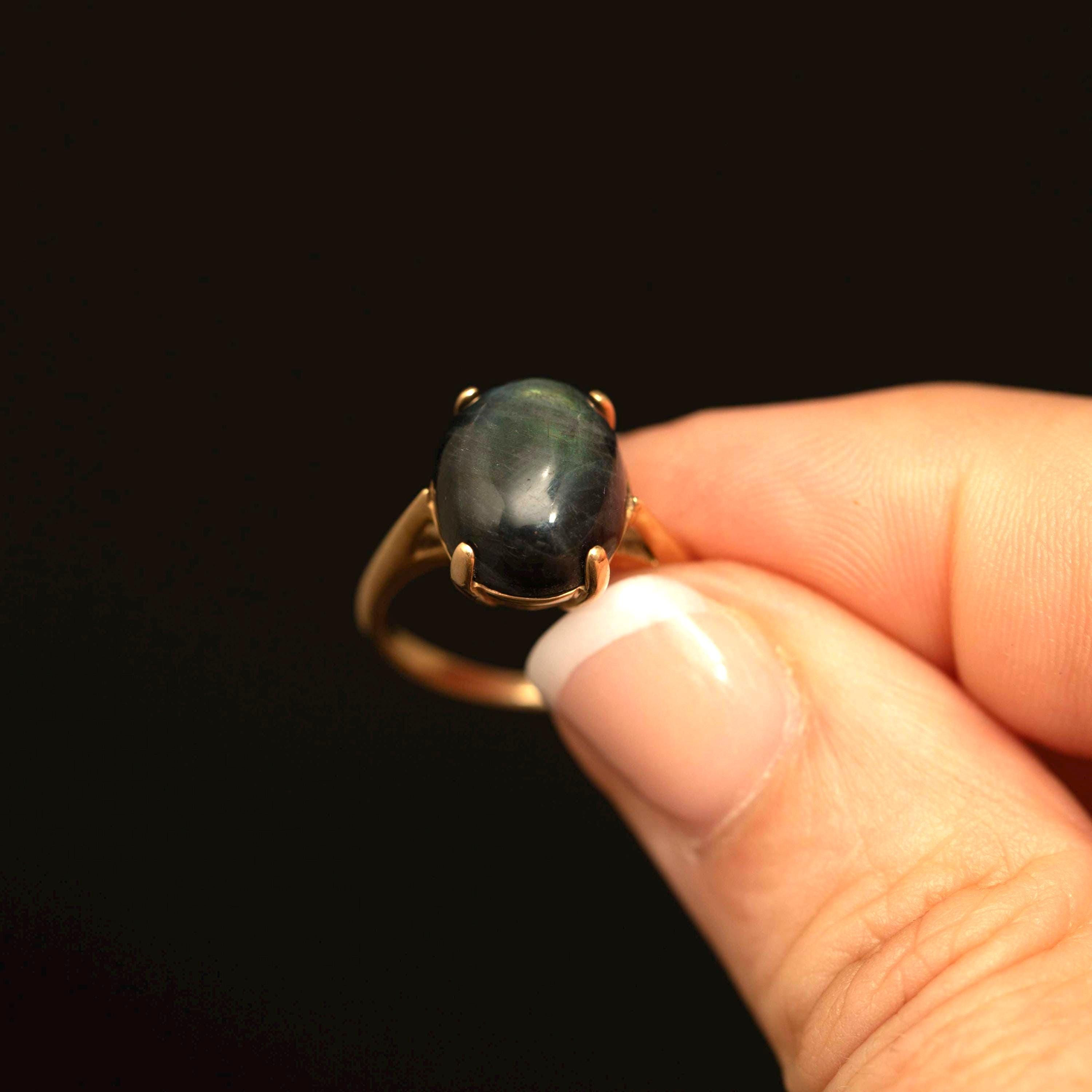 Vintage 14K Gold Labradorite Ring · Oval Labradorite Cabochon · Size 5