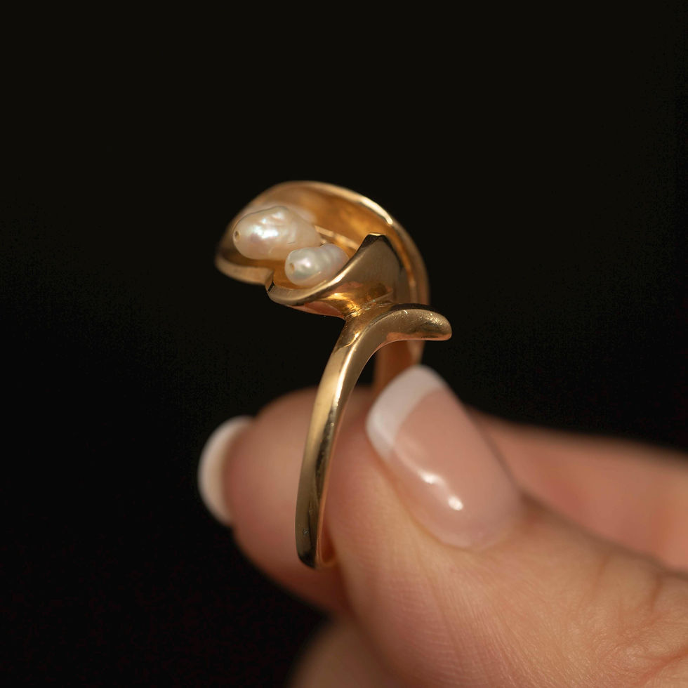 Thumbnail: Vintage 10K Gold Baroque Freshwater Pearl Ring, Modernist Bypass, Size 6.75